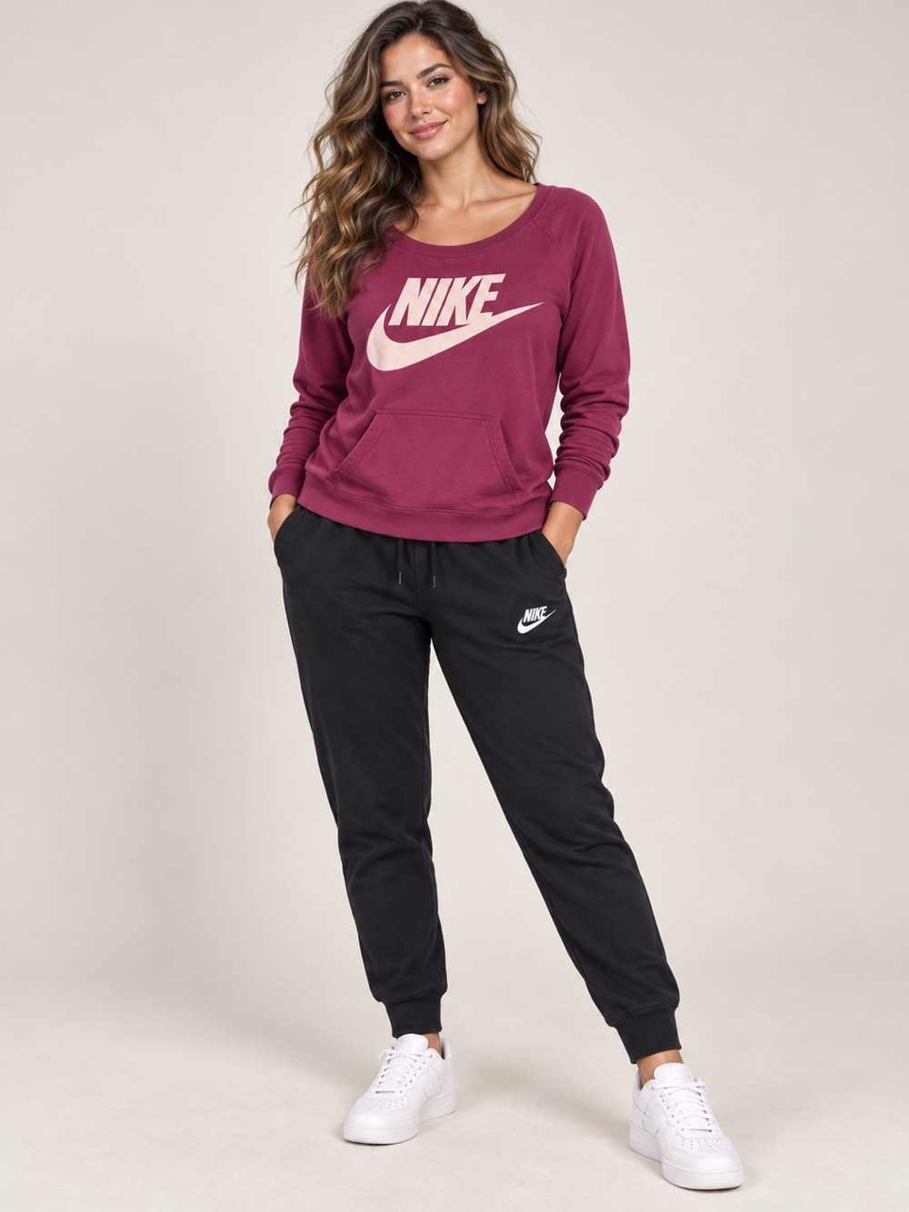 Nike Women's Maroon Sweatshirt and Black Joggers Set